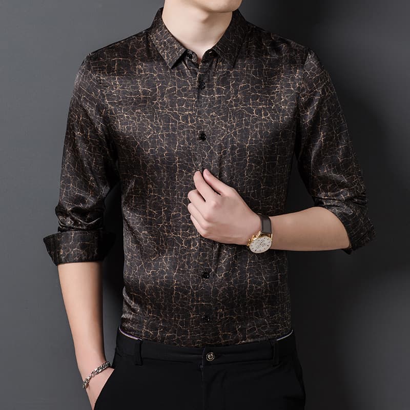 Mulberry Silk Satin Long Sleeve Floral Shirt Autumn Men's Top Spring Summer Trendy Men's Light Business Print Shirt