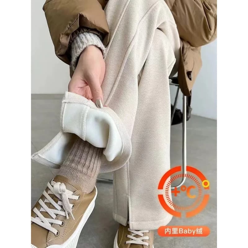 Herringbone pattern narrow wide-leg pants for women 2025 Korean style small elastic high-waisted slimming plus velvet warm wool straight pants