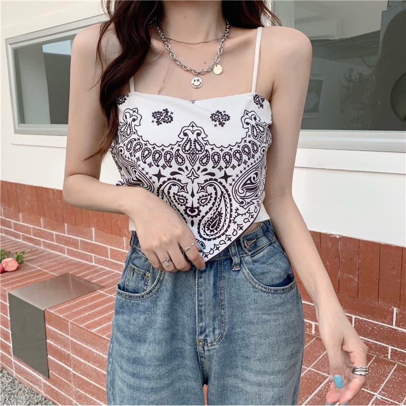 Printed Retro Crop Top Slim Knit Vest with Bellyband Spliced Summer Women's Short Fitted New Camisole