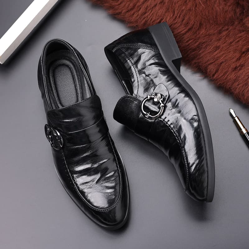 Genuine Leather Men's Shoes Top Layer Sheepskin Formal Business Slip-On round Toe British Casual Fleece Lined Cotton Shoes