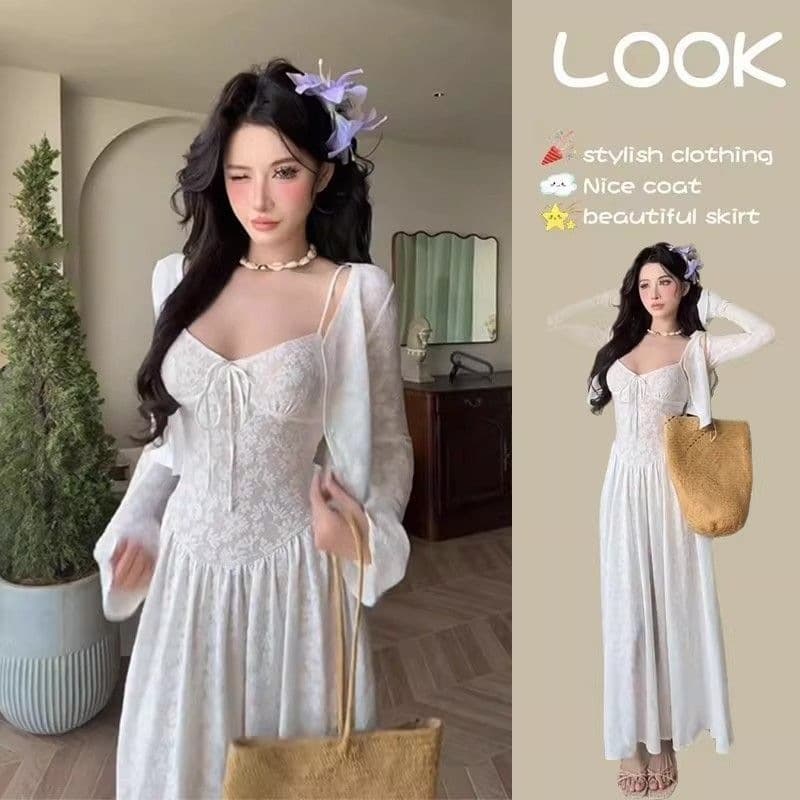 Slip Dress White Seaside Vacation Dress 2026 Fall New Style Elegant Long Dress French Style Women's Dress Set
