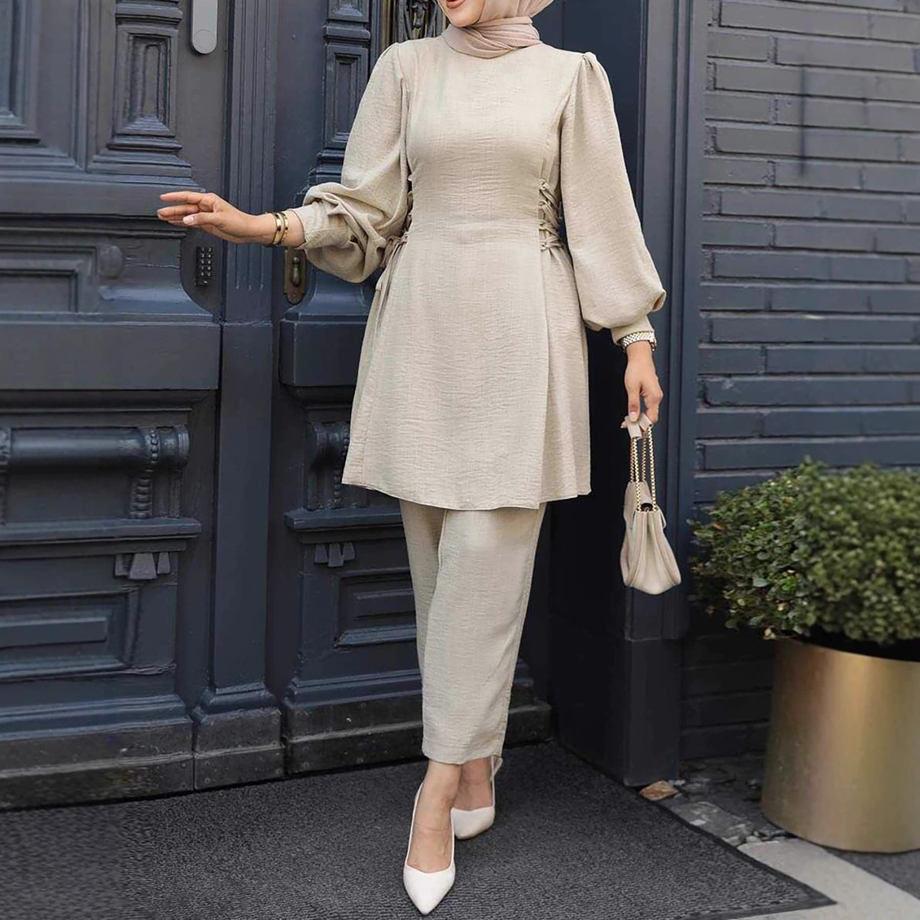 2025 European and American Cross-Border Women's Elegant Simple Long-Sleeve Set Round Neck Lantern Sleeve Cinched Waist Top and Pants Set