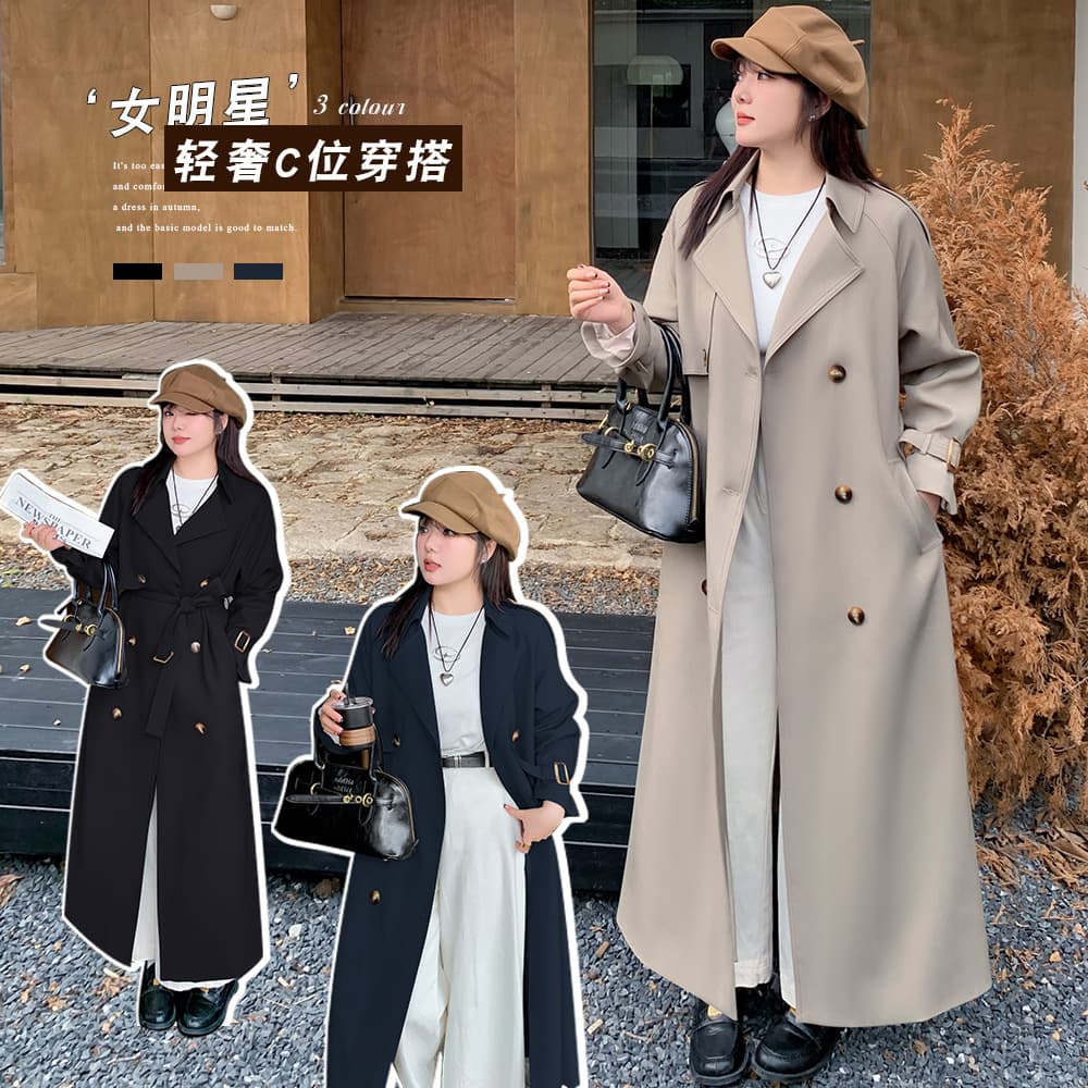 Y889 Xuanchen Loose Long Trench Coat, Autumn New Arrival, Plus Size, Flowy, Versatile, Slimming Outerwear, Popular Belted Coat for Women