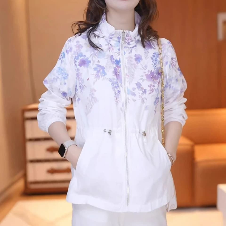 Summer Mother's Sun Protection Short Jacket, Turn-down Collar, Loose and Breathable Sun Protection Top, Thin Long-Sleeved Sun Protection Clothing for Middle-aged and Elderly