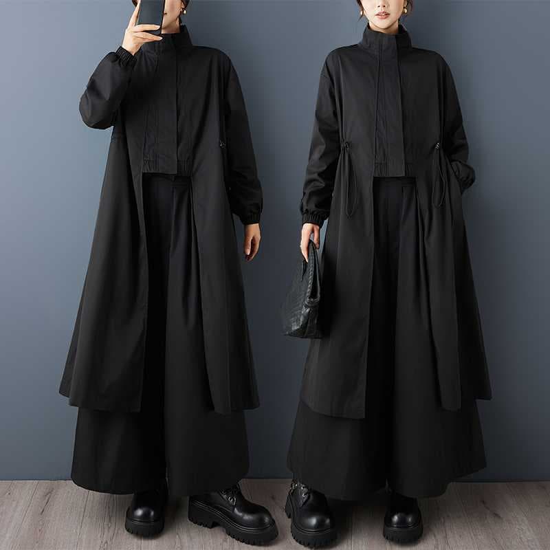 Real Shot Niche Design Dark Style Irregular Zipper Trench Coat Loose Drawstring Slimming Fashion Long Coat