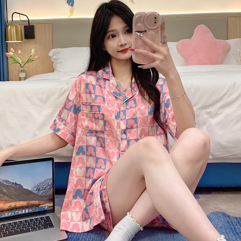 Summer Ice Silk Cartoon Print Sweet Girl's Sleepwear Short Sleeve Set Comfortable Home Clothes Outdoor Wearable Breathable Cool
