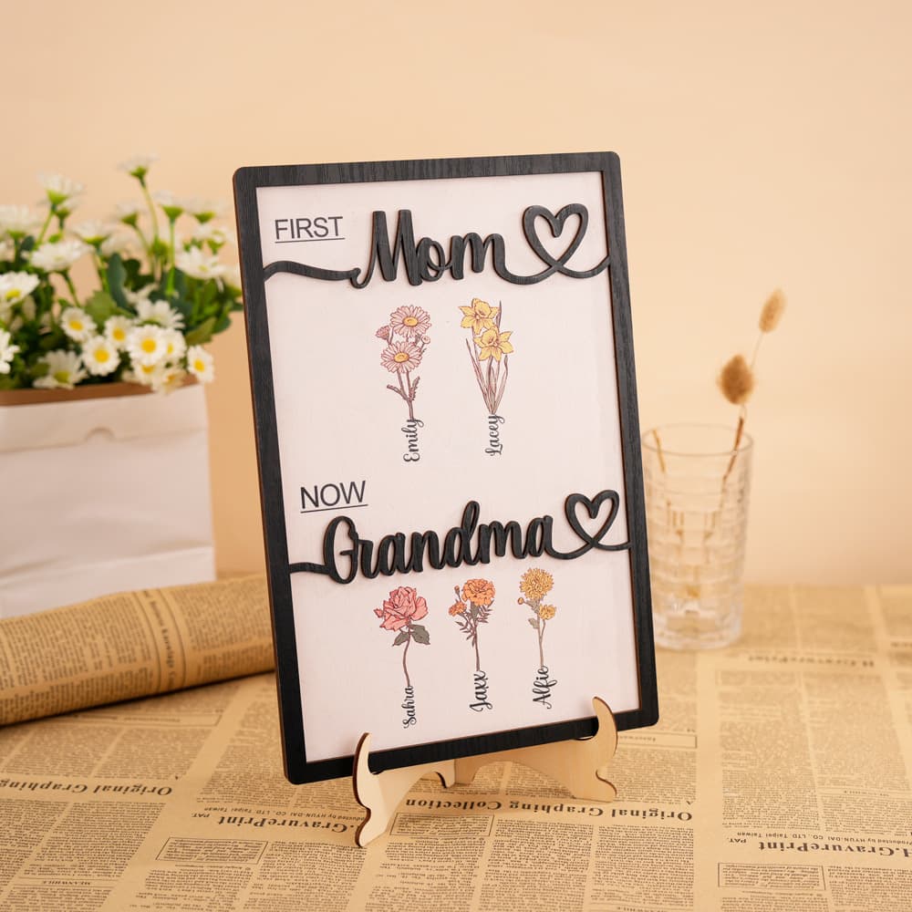 New Cross-Border Mother's Day MOM Wooden Plaque Flower Engraved Ornament DIY Wooden Photo Frame Birth Year Wooden Plaque Gift