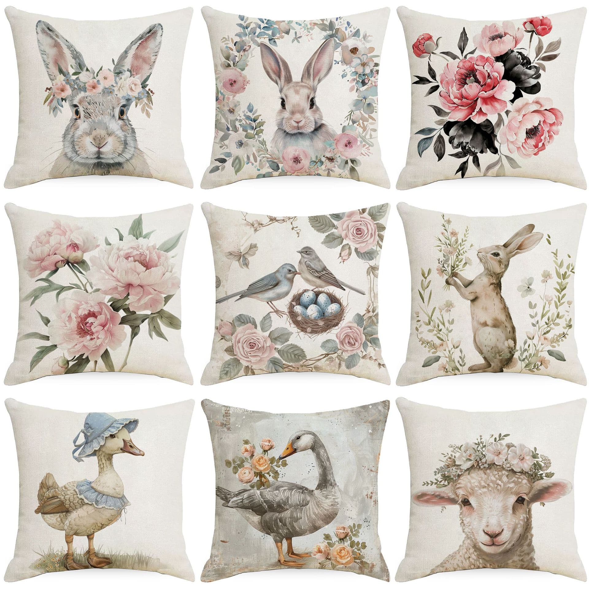 Cross-border Amazon New Easter Pillow Case Creative Rabbit Flower Bird Linen Vintage Printed Pillow Cushion Cover