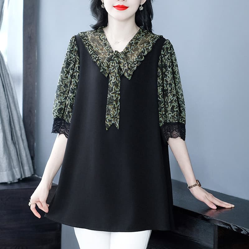 Summer New Live Stream Hit Fashion Loose Lace Chiffon Slimming Casual Three-Quarter Sleeve Blouse for Plus Size Women