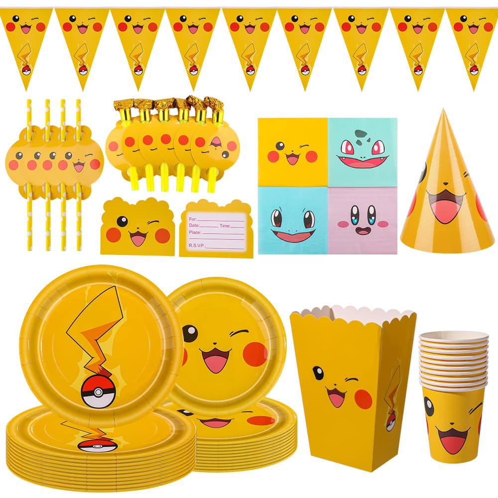 Second Generation Yellow Pikachu Birthday Party Paper Plates Kids Party Tableware Banners Cups Paper Pokemon Decorations