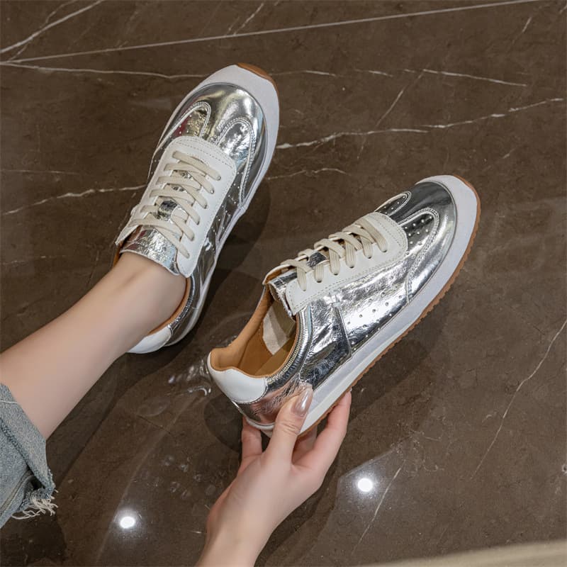 Cowhide Silver-Colored Forrest Gump Shoes Ccvv2026 Spring New Versatile Casual White Shoes Flat Sneakers Dropshipping