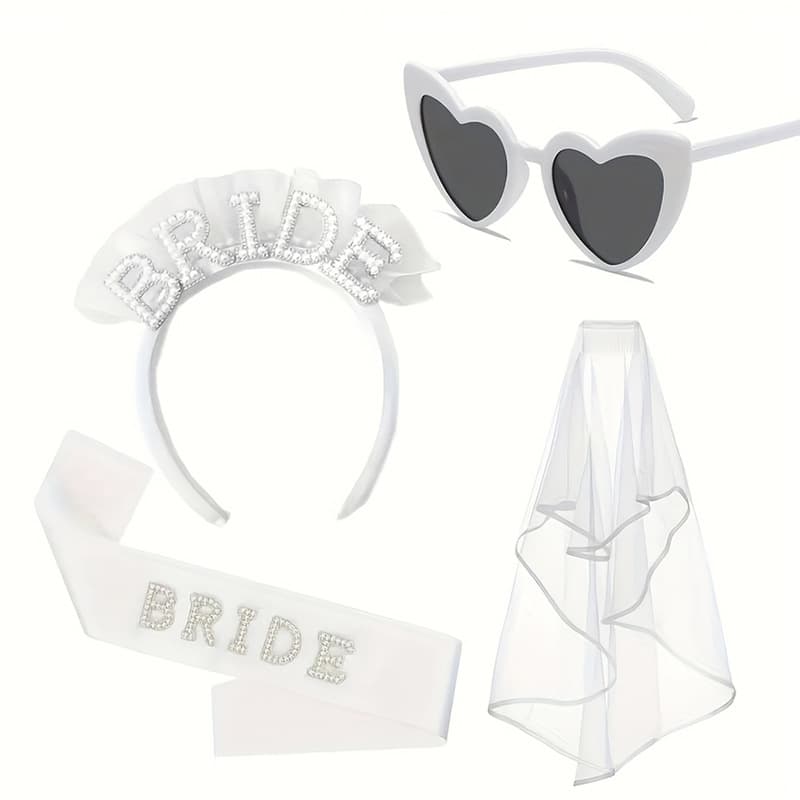Bridal bride pearl white gauze headband pearl hot diamond shoulder strap 4-piece set European and American wedding party decoration