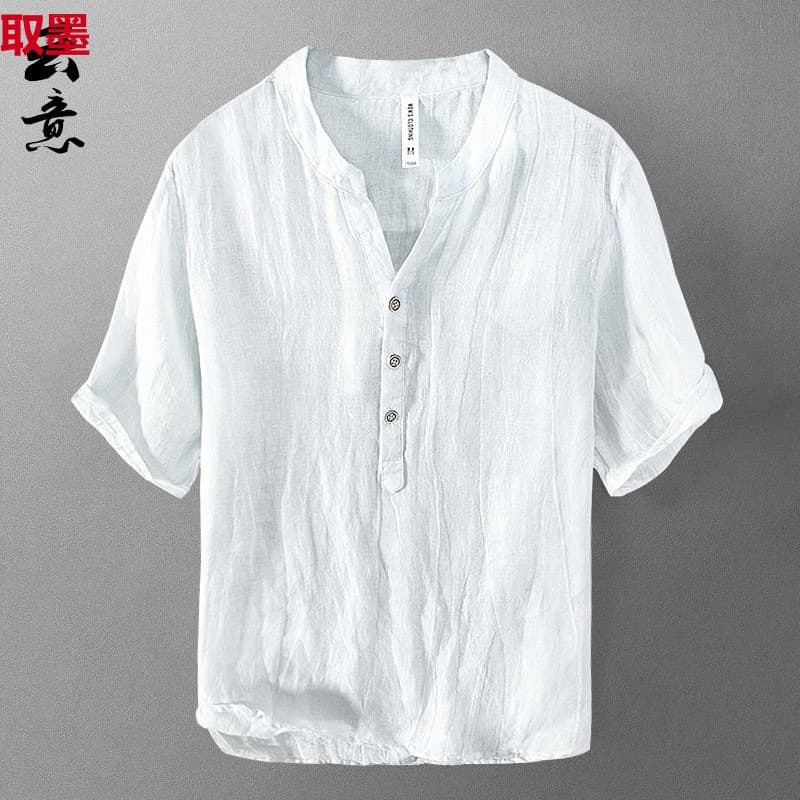 Pure Linen Short Sleeve T-Shirt Men Summer Chinese Style Loose Thin V-Neck Top Vintage Casual Half Sleeve Linen Tee
