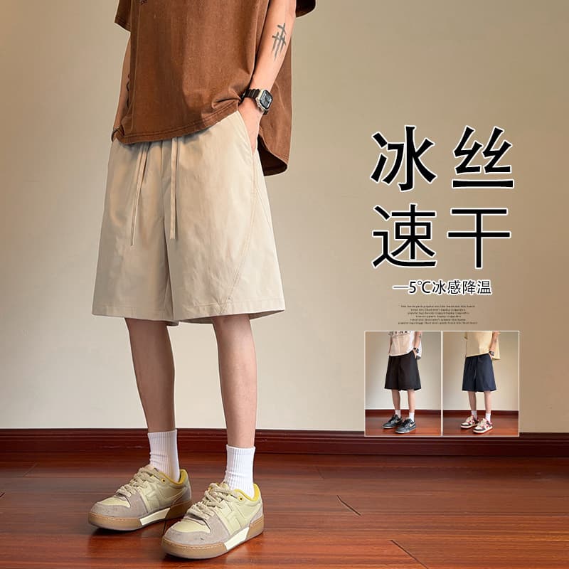 Men's American-style angled cut quick-dry ice silk sports shorts, summer versatile straight-leg casual five-point pants, outdoor beach shorts