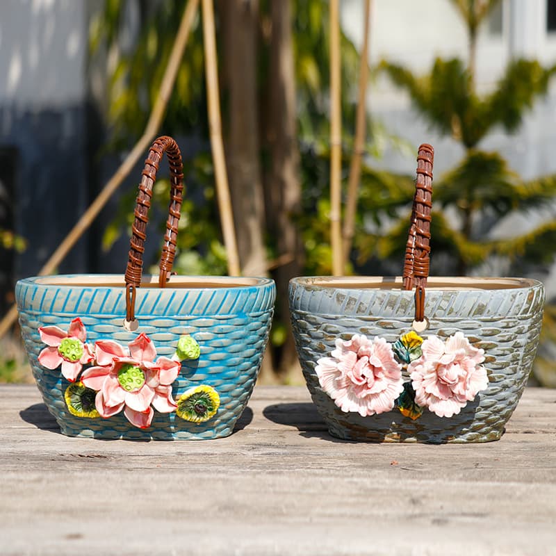 Handmade Ceramic Succulent Planter Creative Breathable Terracotta Basket Green Plant Pot