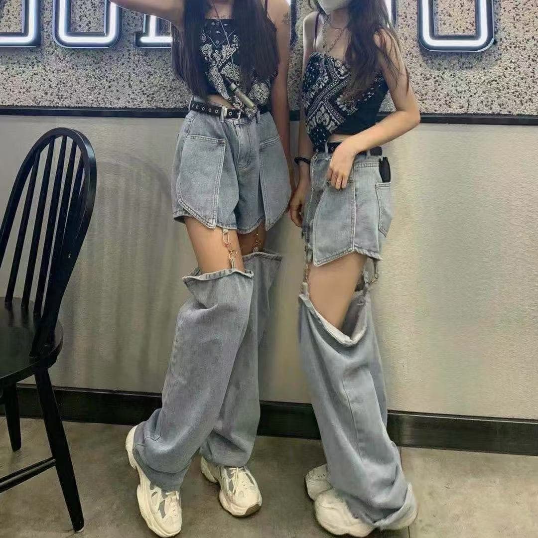 Women's Jeans New Summer Loose High-Waist Slimming Wide-Leg Straight Long Pants with Detachable Design Trendy