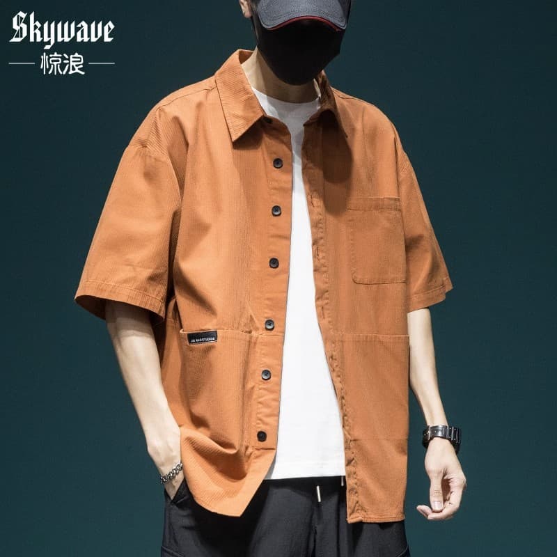 Premium Orange Japanese Short Sleeve Shirt for Men Summer New Loose Fit Large Size Work Shirt Stylish Turn-Down Collar Top