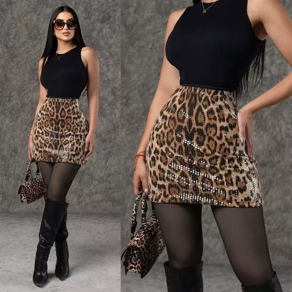 European and American Urban Style Sexy Low-Waist Leopard Print Sequin Bodycon Mini Skirt Slimming Leopard Print Short Skirt