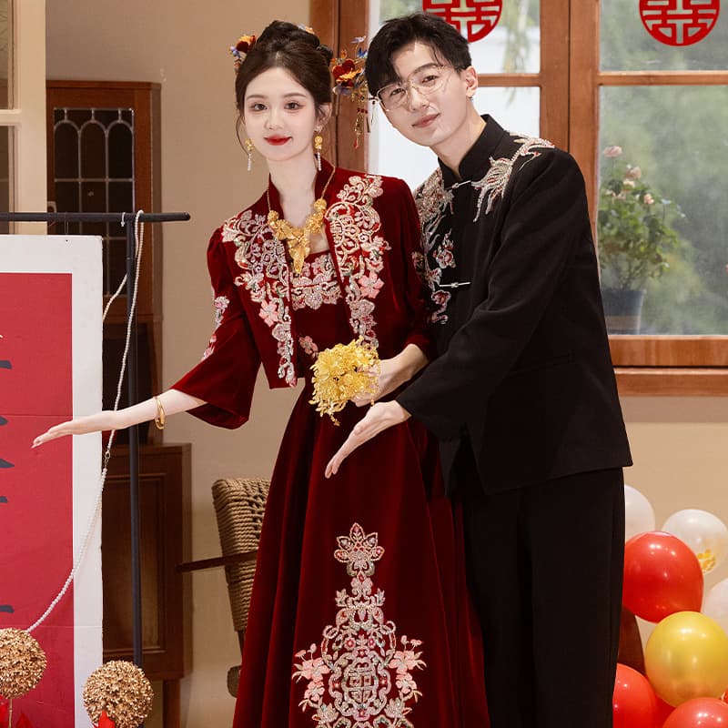 2025 New Chinese Style Velvet Suit, New Chinese Style Engagement Dress, Petite High-End Wedding Dress for Women