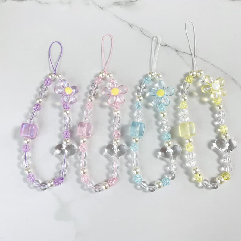 Fresh and Floral Square Acrylic Bead Short Anti-Loss Phone Lanyard, Creative Couple Bag Decor