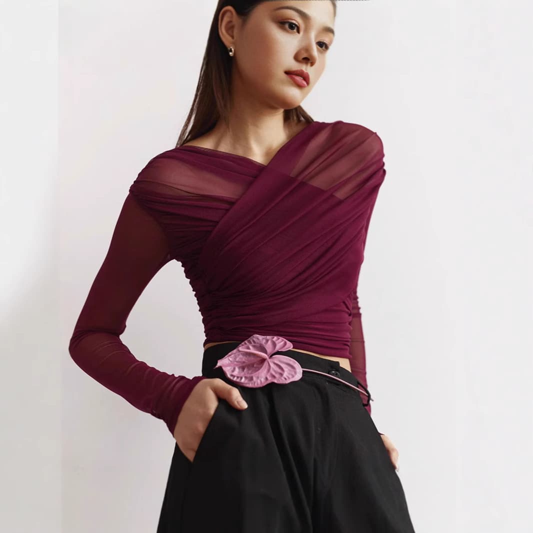 European and American Women's Autumn Amazon New Solid Color Mesh Sexy Pleated Long Sleeve T-Shirt Top for Women