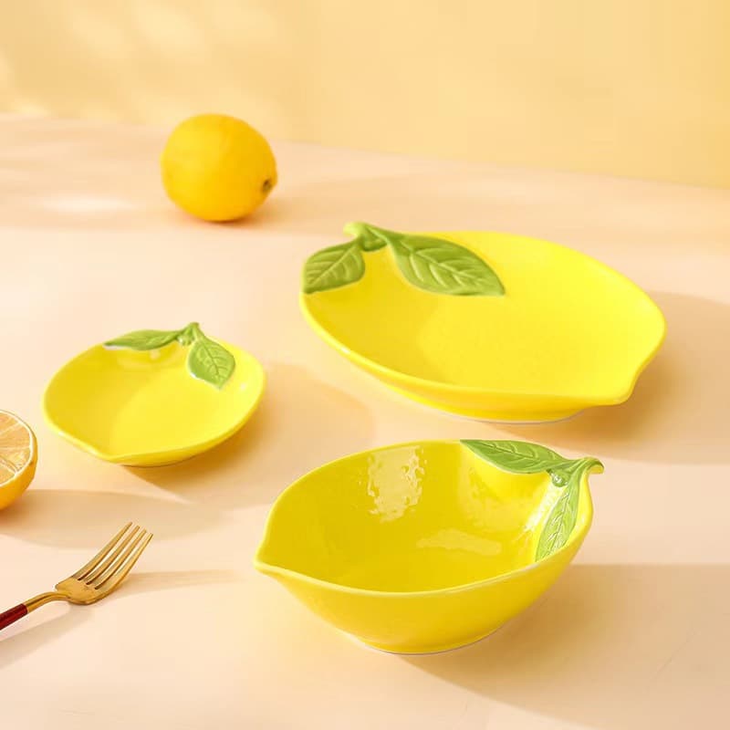 Exported Lemon-Shaped Hand-Painted Ceramic Bowl and Plate Set, Cute Fruit Bowl and Dish, Simple and Creative Home Decor