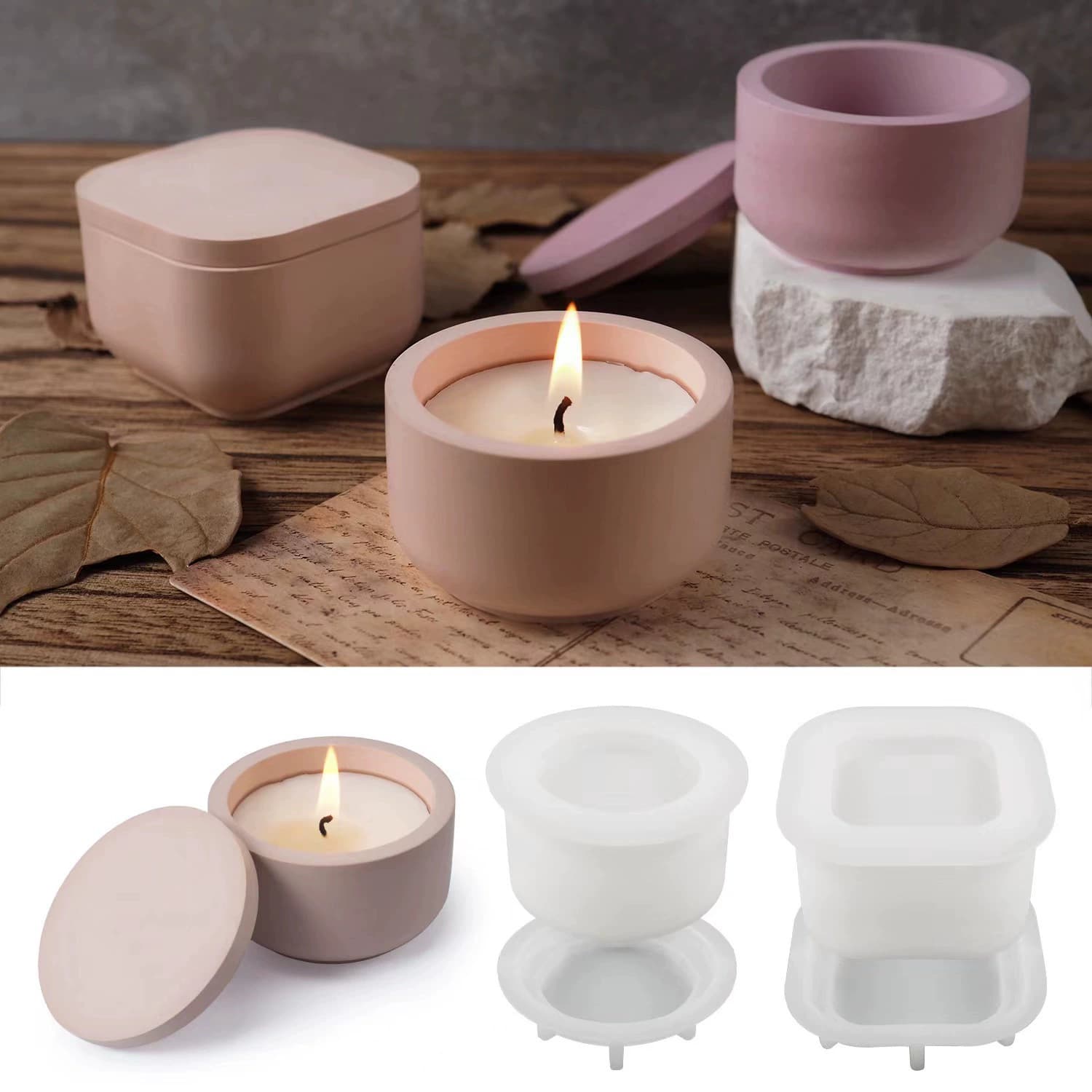Candle cup with lid silicone mold diy gypsum cement round square aromatherapy container ornaments glue storage box