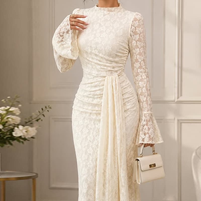2026 Cross-border Trade EU US Amazon New Women's Waist-Hugging White Lace Long-Sleeve Elegant Dress