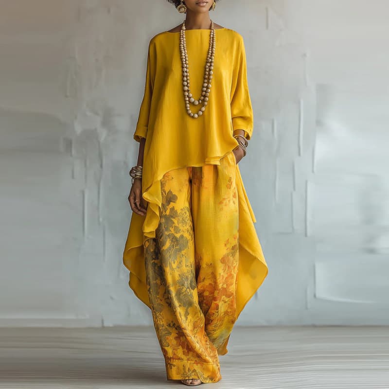 2026 Independent Station European and American Clothing Digital Printed Wide Leg Pants + Round Neck Long Sleeve Solid Color Top Two-piece Set