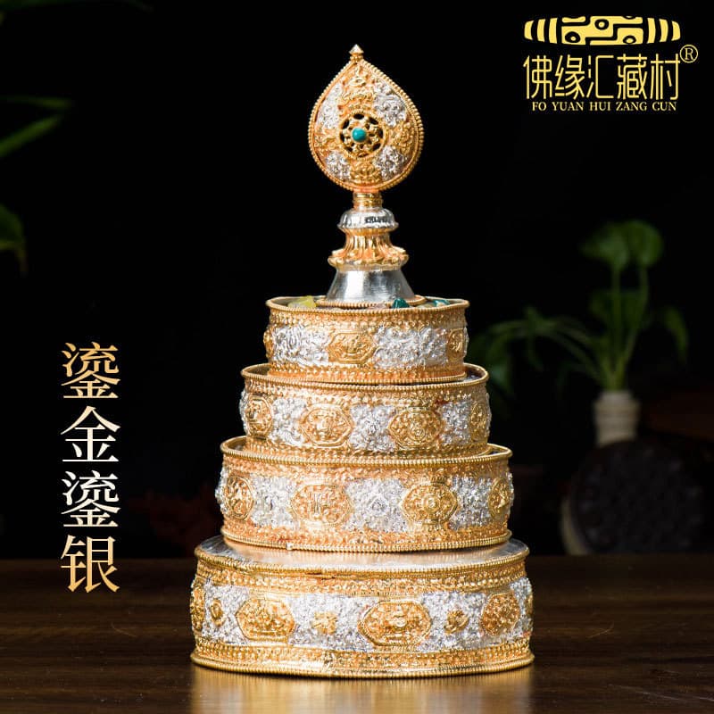 Buddhist Affinity Collection Mandala Plate, Tibetan Style Home Buddhist Offering, Gilded Bronze and Silver Eight Auspicious Symbols Mandala Plate, Offering Ornament