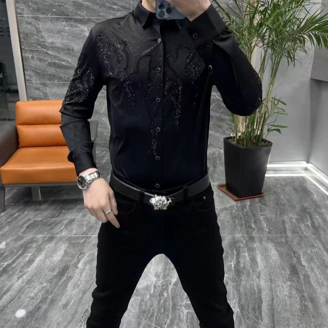 2066 spring and autumn new style seamless shirt men's casual business long-sleeved black shirt slim fit hot diamond top trendy