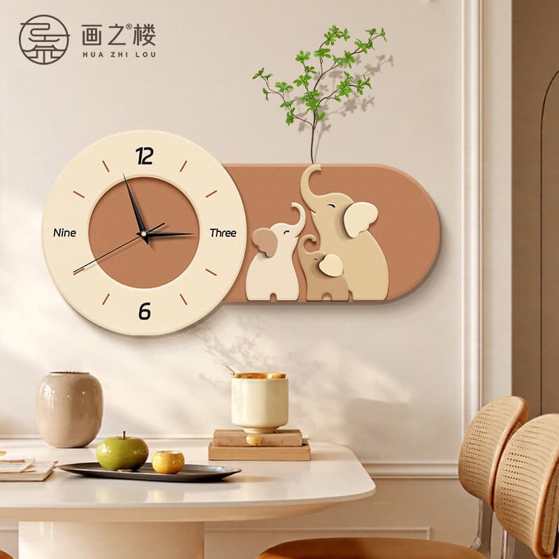 Elephant Clock Decorative Wall Art, Warm Family of Three Wall Clock, Ultra-Quiet Minimalist Green Plant Art Wall Clock