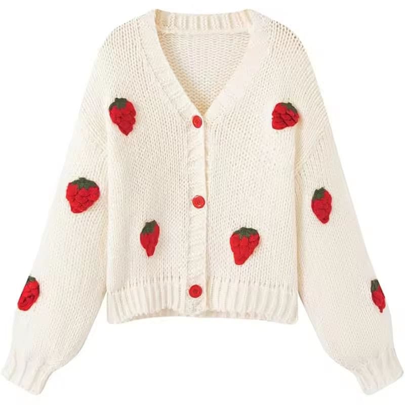 Custom Women's Cute Strawberry Print V-Neck Long Sleeve Embroidered Pattern Knit Button Cardigan from Original Factory
