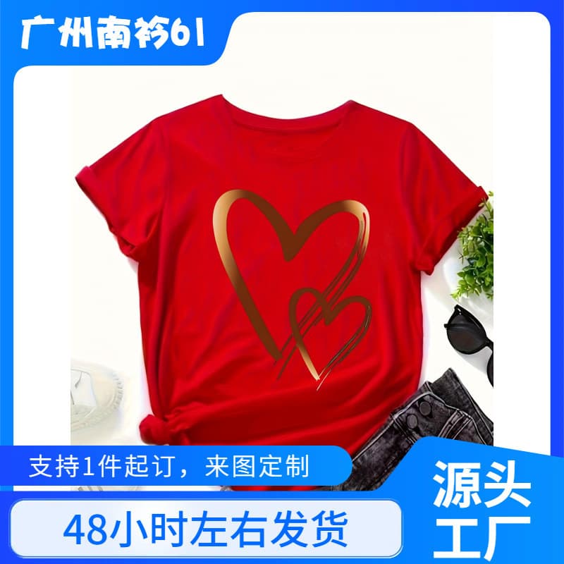 Cross-border EU Size Wholesale [Fashion T-Shirt] Women's Casual Red T-Shirt with Gold Heart Print - Soft Polyester