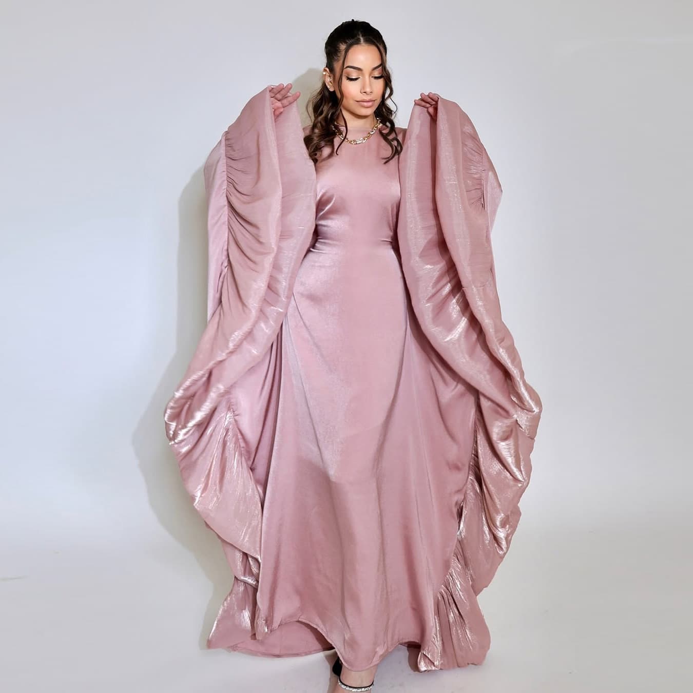 MQ201 Fashion Batwing Sleeve Long Robe Elegant Satin Cinched Waist Wide Sleeve Kaftan