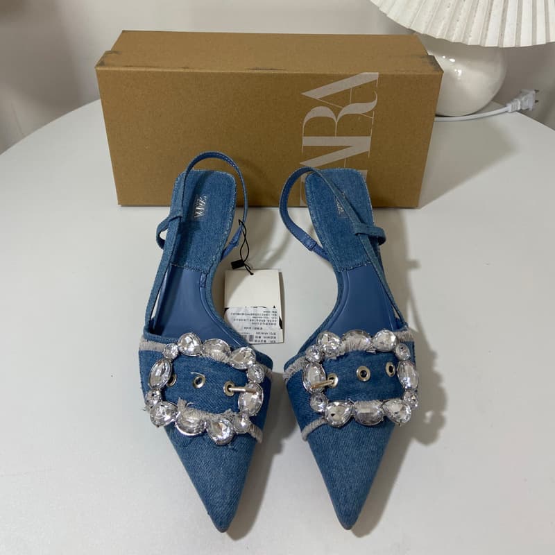 ZA2023 Autumn New Pointed Toe Rhinestone Buckle Blue Denim High Heels Back Strap Casual Style Thin Heel Sandals for Women