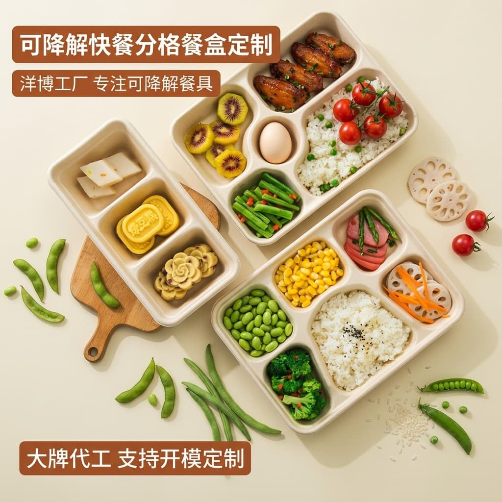 Custom Biodegradable Divided Fast Food Boxes, 4-Compartment Pulp Lunch Boxes, 5-Compartment Sugarcane Pulp Plates