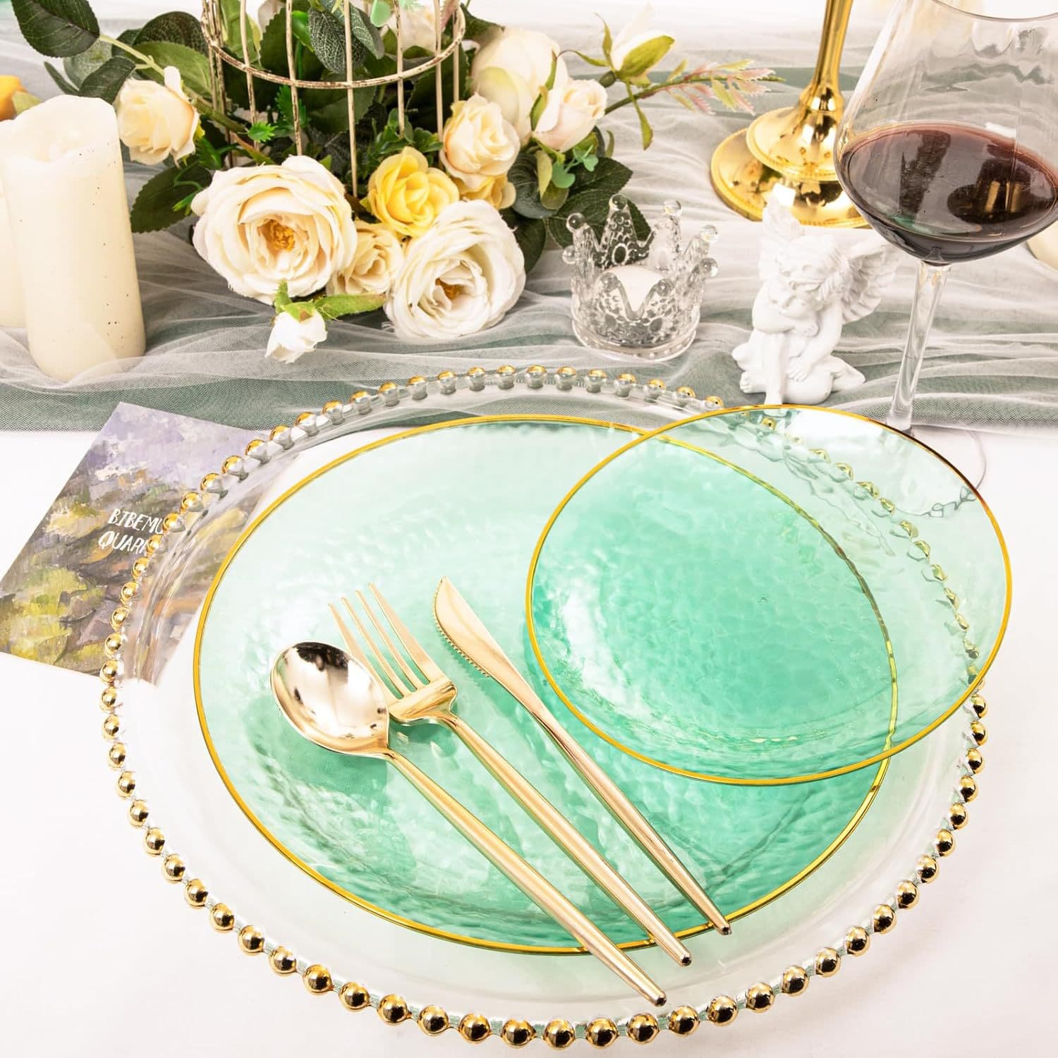 Transparent Green Gold Rim Satin Forged Disposable Plates, Cups, Knives, Forks, Spoons, Paper, PS Plastic Tableware