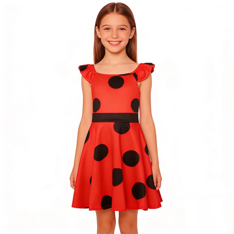 Girls Ladybug Children's Performance Dress Cosplay Cartoon Dress Short Sleeve Dress Cross-Border Hot Selling Polka Dot Dress