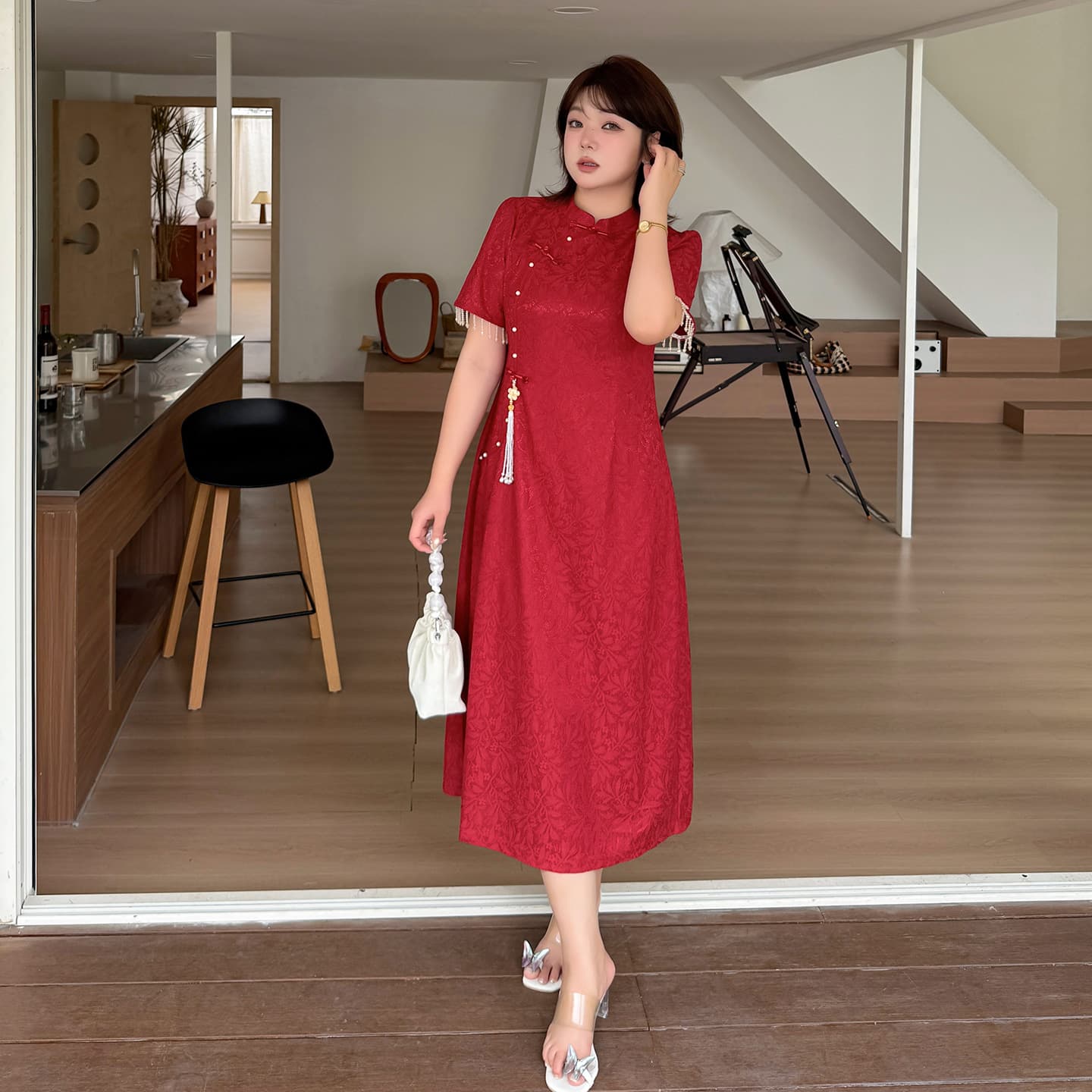 Zhixuan Plus Size Women's Wedding Engagement Fringe Cheongsam Dress 2026 Summer New Jacquard Dress 214540