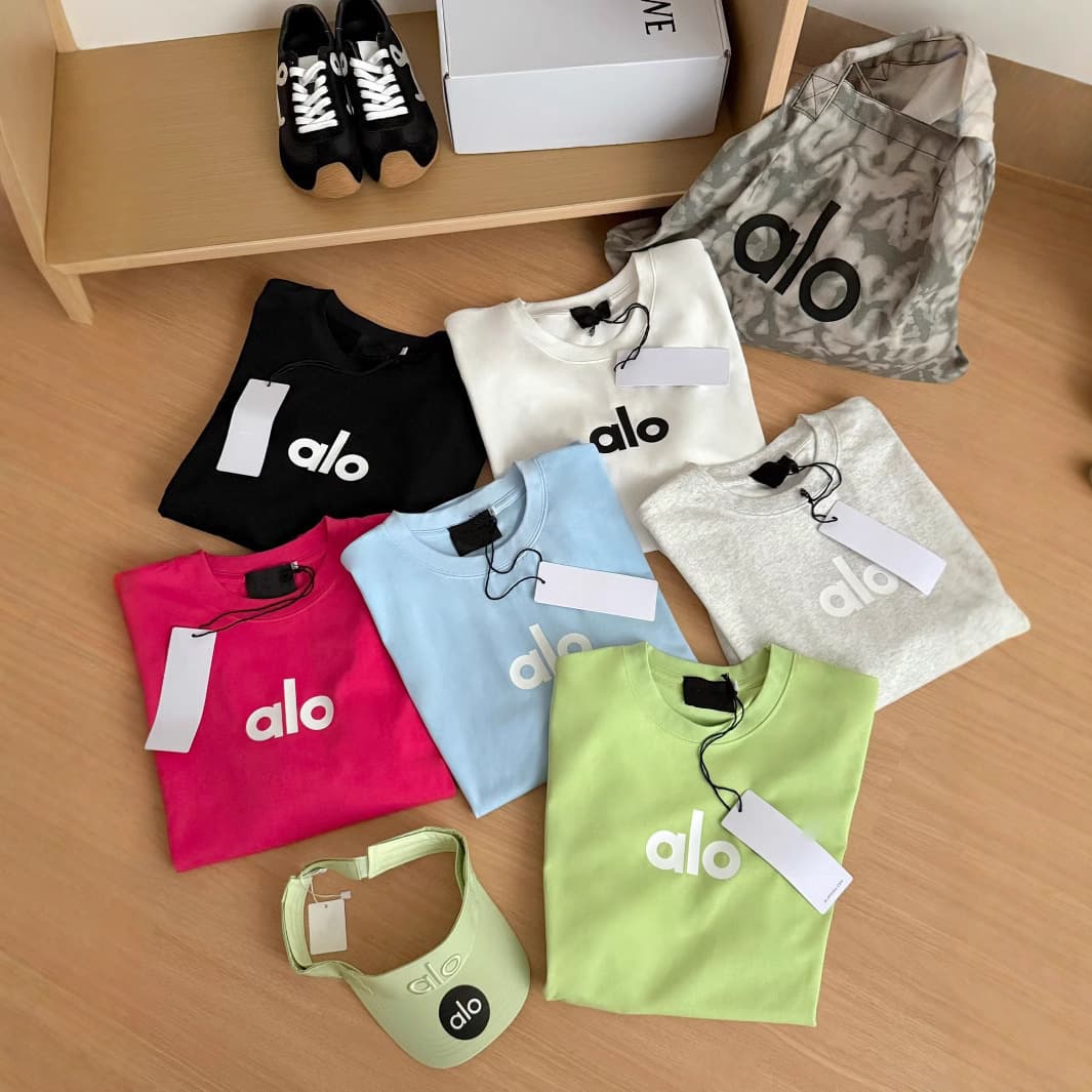 ALO Early Spring Basic Short Sleeve T-Shirt for Women 2025 Summer Loose Fit Round Neck Slimming Solid Color Top Black