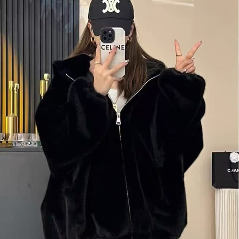 Black Hooded Imitation Lamb Wool Double-Sided One-Piece Velvet Cotton Jacket for Women Winter Clothing Small Imitation Mink Fur Jacket Ins