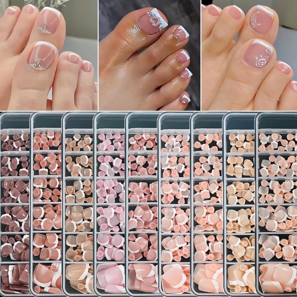 Hot Sale 120pcs/Box French White Edge Square Short Toenails Nude Pink Full Cover Glossy Nude Color Series Fake Toenails