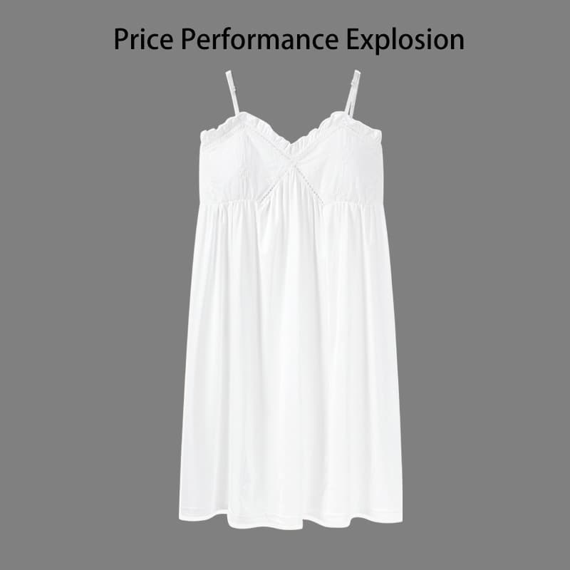 Women's Spaghetti Strap Nightdress, Summer Sexy Lace Princess Palace White Nightgown, Loose with Padded Bra, Modal Cotton Loungewear