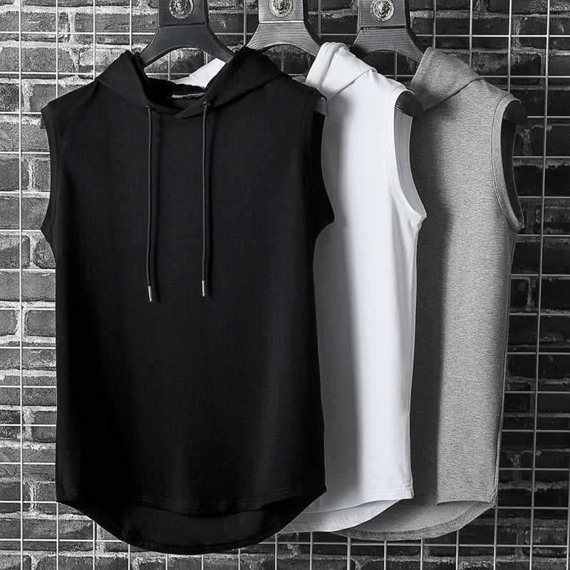 New Sleeveless Vest Top Men's Casual T-Shirt Solid Color Hoodie Drawstring T-Shirt Hip Hop Men's Sweatshirt