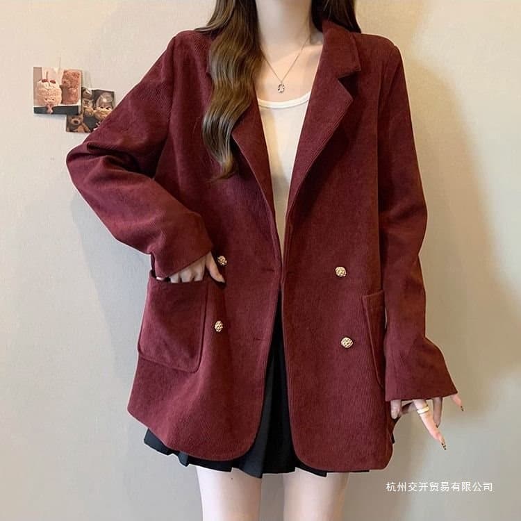 Angolan red corduroy off-shoulder blazer, plus size, suitable for spring, autumn and winter, stylish and trendy.
