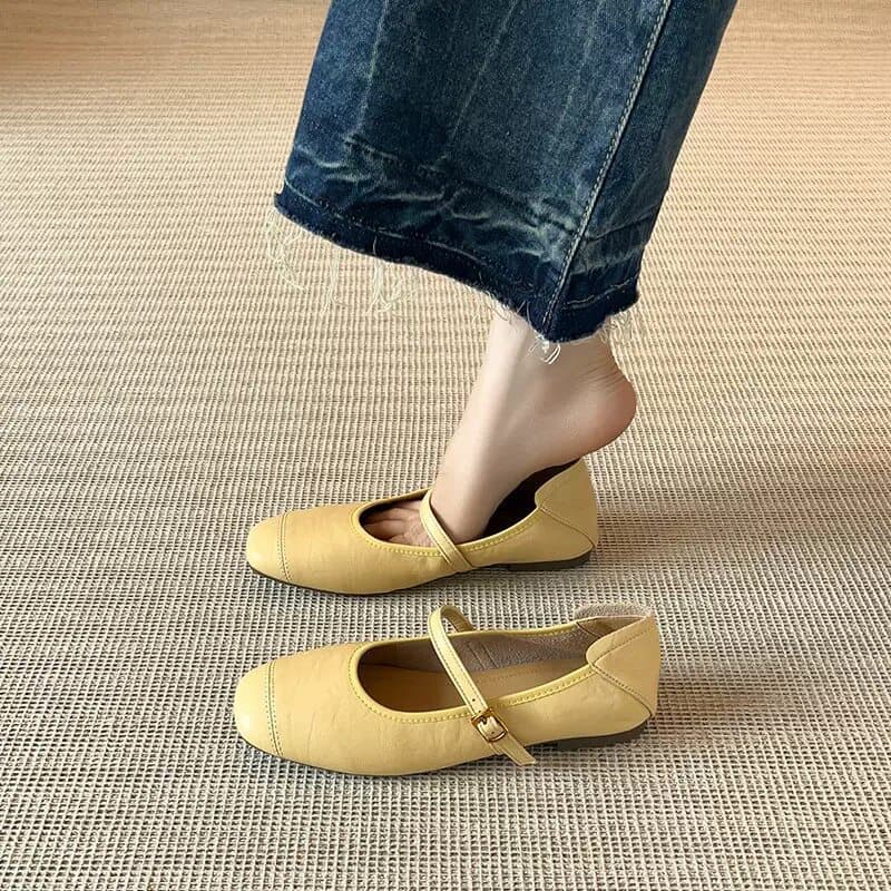 Soft Lambskin ~ French Commuter Mary Jane Shoes with One-Buckle Strap, Yellow, Flat, Shallow-Mouth Ballet Flats, Versatile