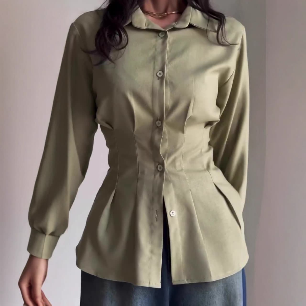 2025 Summer Fashion New Amazon European and American Cross-border Trade Women's Long-sleeve Green Shirt with Waist Cinching