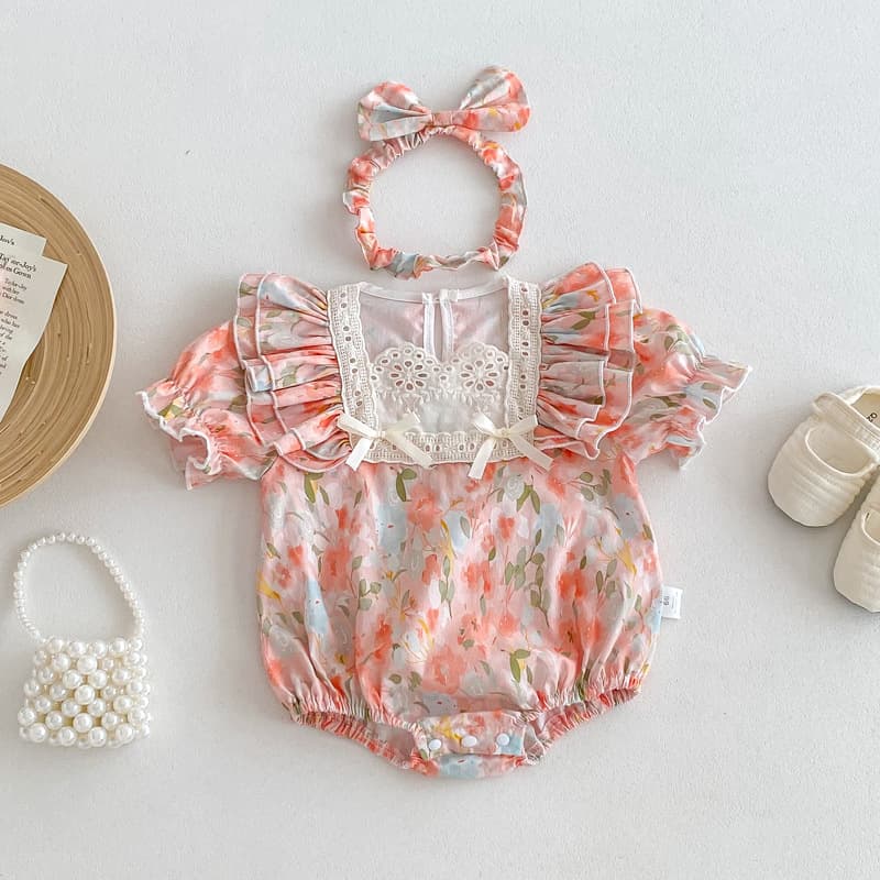 2026 Summer Baby Korean Style Clothes Girls Floral Lace Sleeve Bag Fart Clothes Baby Girls Short Sleeve Harness Clothes Korean Style