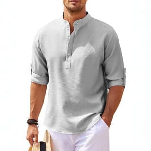 Men's Long Sleeve Shirt Stand Collar Half Button Print Shirt Men's Casual Shirt Top Europe and America Cross-border